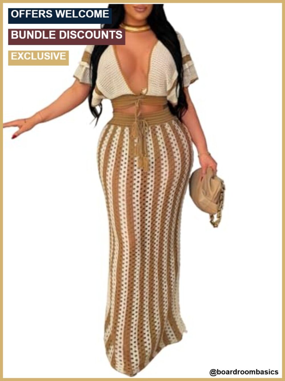 Two Piece Crochet Skirt Set Semi-Sheer Vacation Beach Cover Up Tie Front Crop